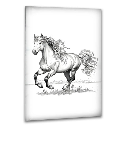 Animal glass wall art featuring running horse in black and white wildlife and majestic horse art for a modern interior