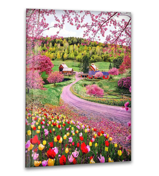 Spring Meadow Glass Wall Art – Vibrant Flowers & Country Road - MyPhotoStation
