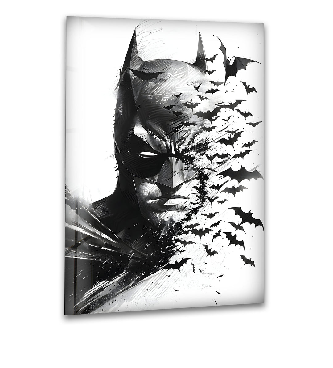 Batman: Bold Black and White Portrait with Bats on Glass Wall Art
