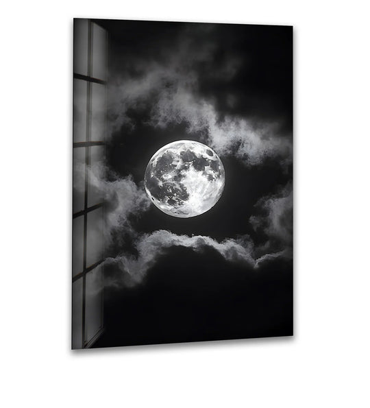 Captivating black-and-white moon design on glass, bringing the beauty of the night sky into your home.
