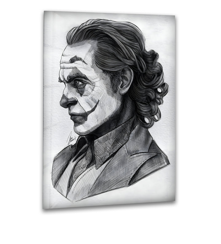 Dunkles Clown-Porträt – Schwarz-Weiß-Zeichnung, Glaswandkunst