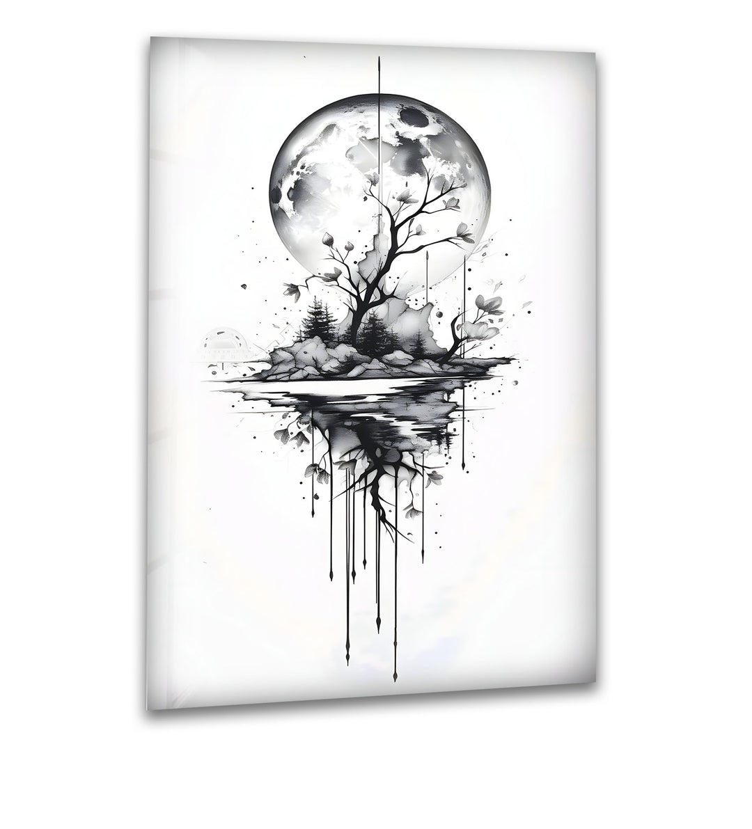 Mystical Moon Reflection - Black and White Lunar Glass Wall Art
