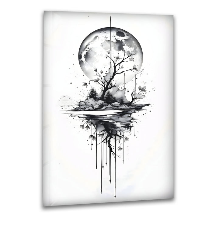Mystical Moon Reflection - Black and White Lunar Glass Wall Art
