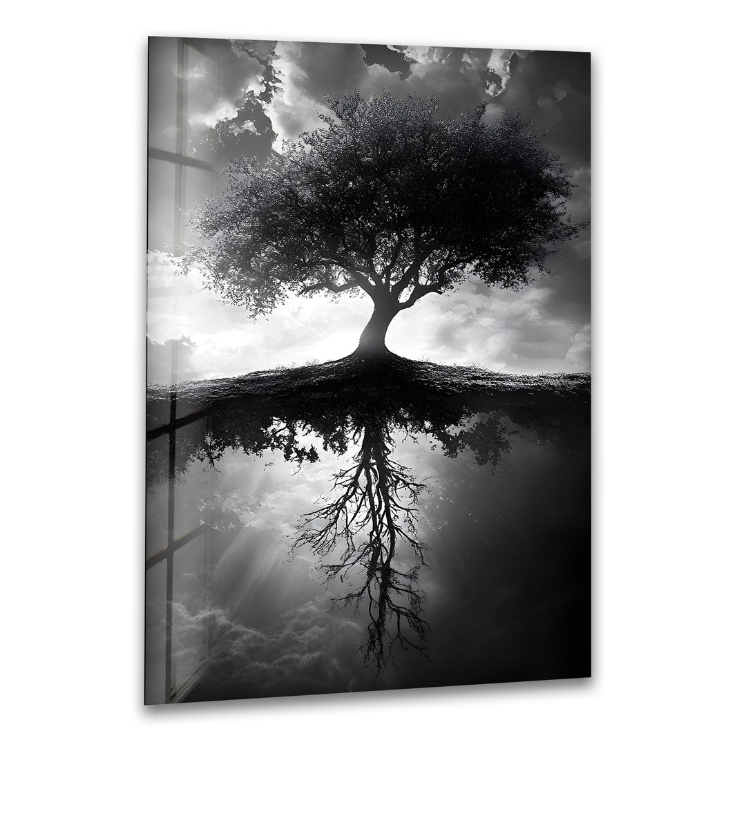 A mesmerizing black and white glass wall art featuring a majestic tree with its intricate reflection.
