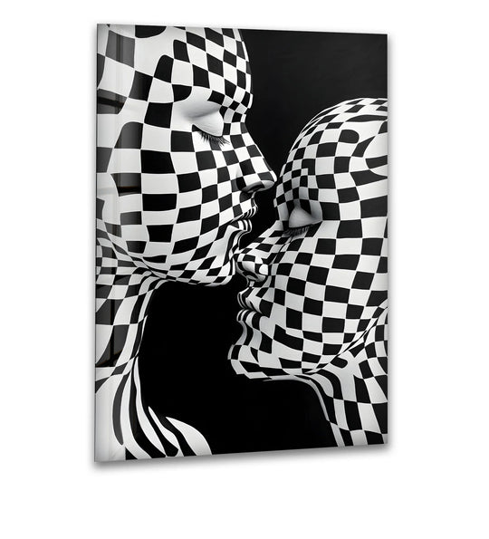 Bold black and white checkered glass printing artwork depicts a passionate kiss with striking contrast.