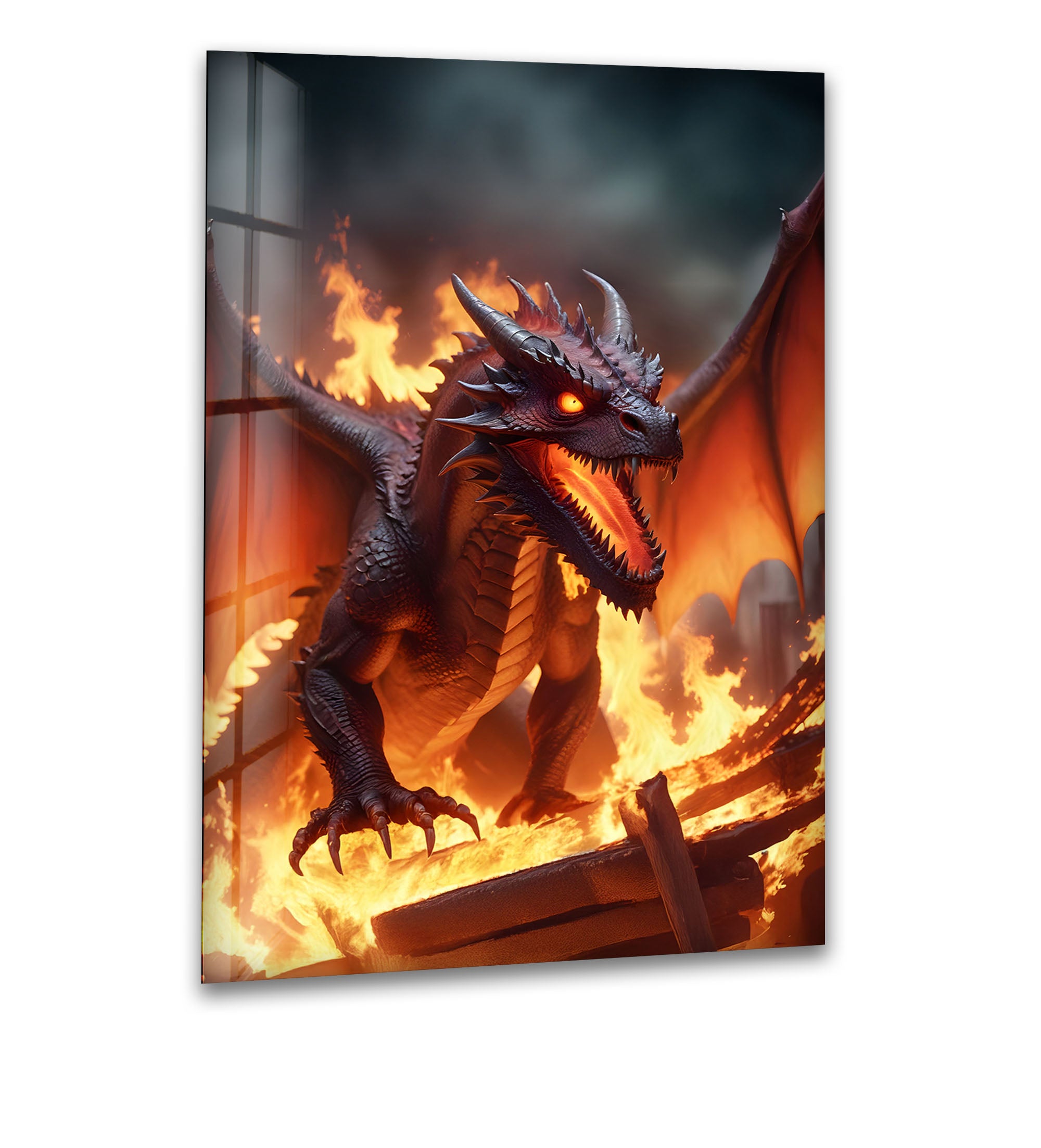 Inferno Dragon: A Fiery Beast Roaring in Destruction on Glass Wall Art