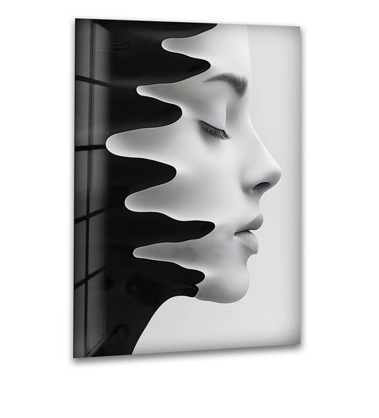 Abstract portrait with black and white flowing shapes on glass.
