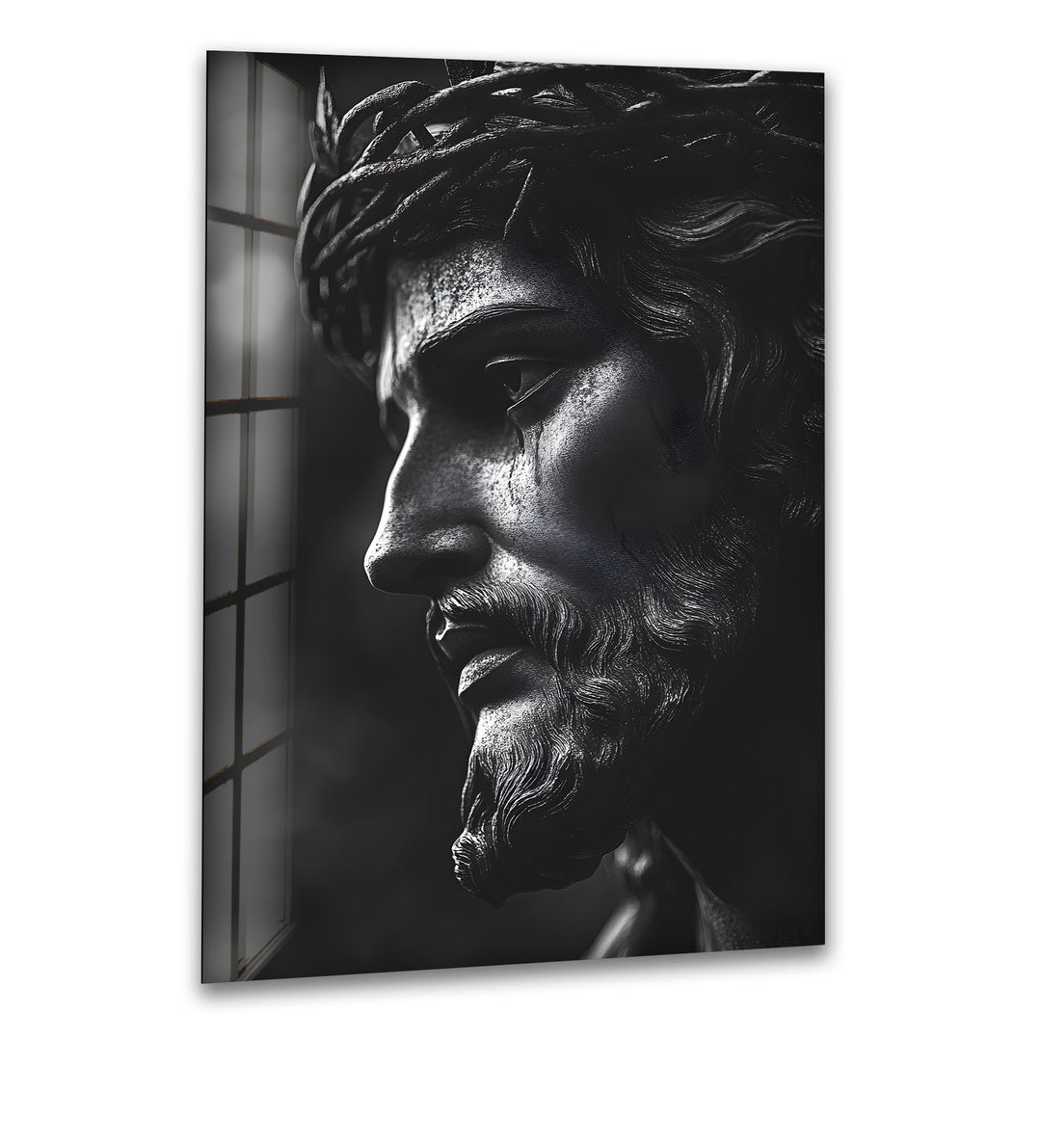 Powerful black-and-white depiction of Jesus sculpture on glass, exuding spiritual elegance.
