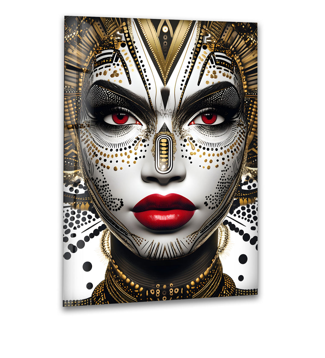 A mesmerizing black and white glass wall art featuring a striking tribal-inspired face with golden details.

