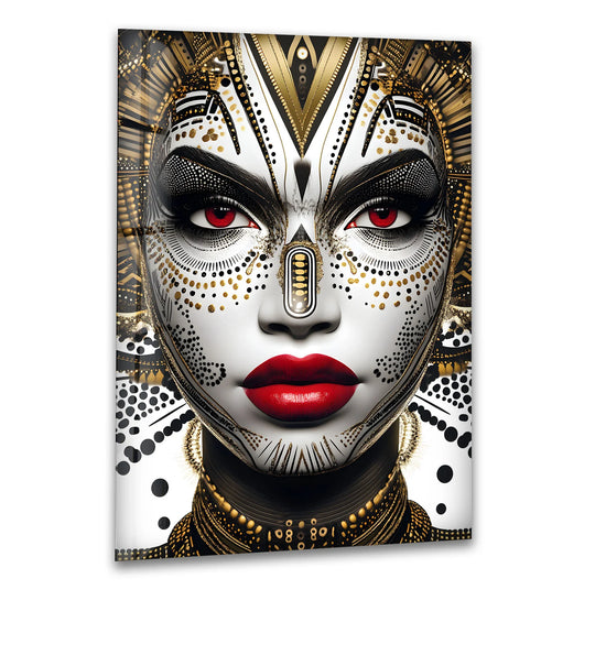 Intricate gold organic forms adorn a striking black and white tribal face, creating a mesmerizing piece of unique modern wall decor.