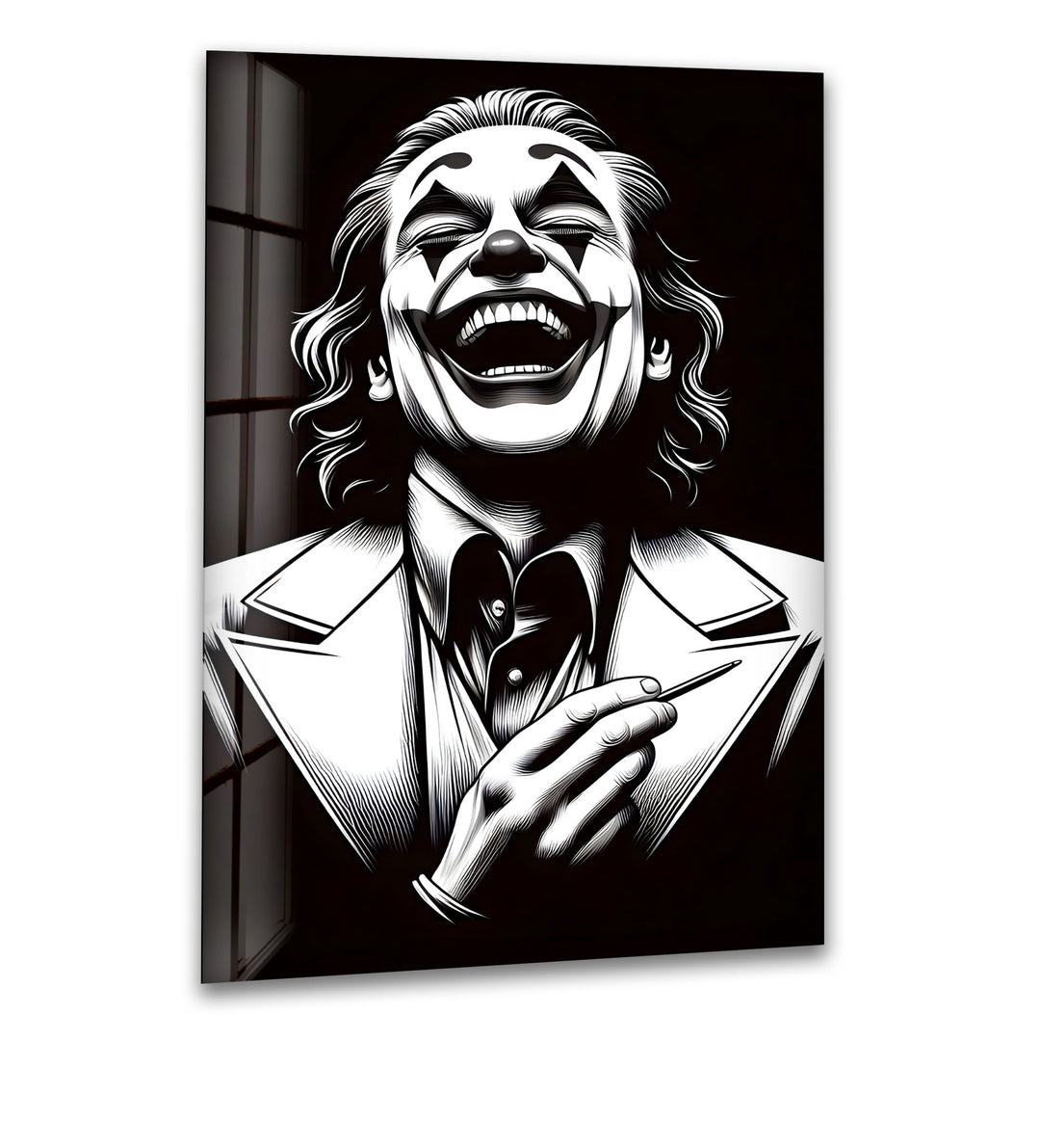 A bold and expressive black and white glass wall art capturing the raw emotion of a laughing clown.