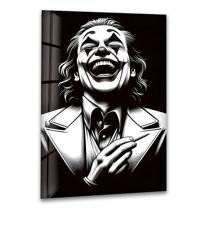 A bold and expressive black and white glass wall art capturing the raw emotion of a laughing clown.