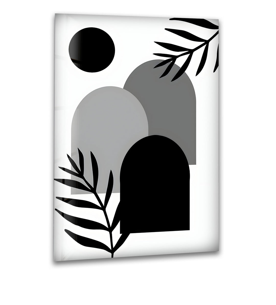 A modern composition of geometric and organic forms, creating a stunning black and white abstract art piece.

