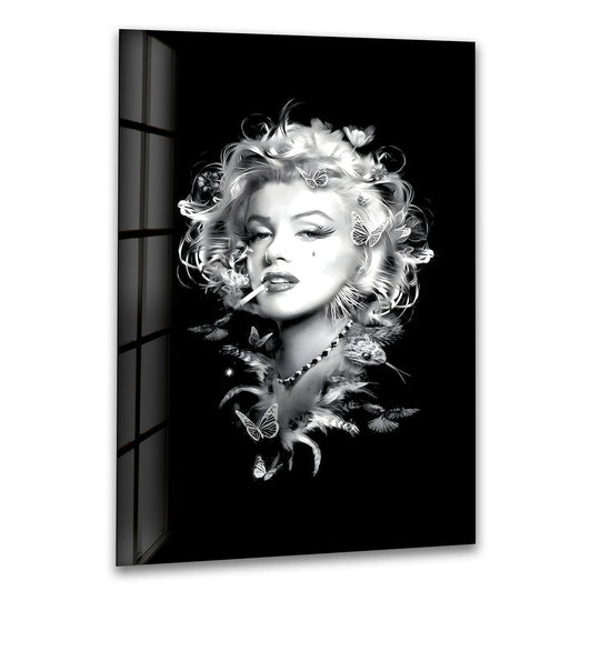 Marilyn Monroe's iconic portrait is surrounded by stark negative space in this striking hanging wall art.