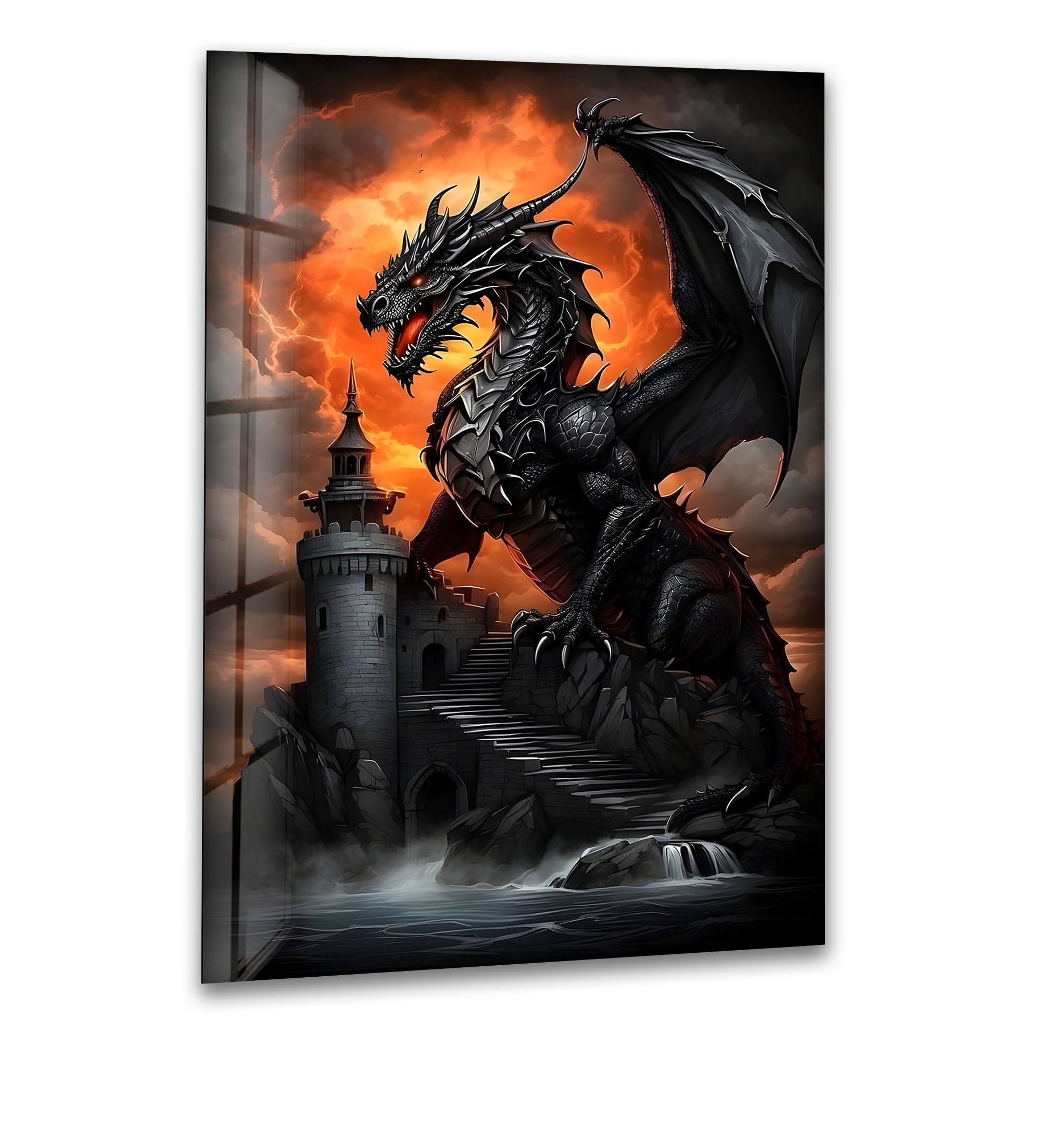 Dark Dragon: A fierce dragon climbing the fortress, surrounded by fiery skies.
