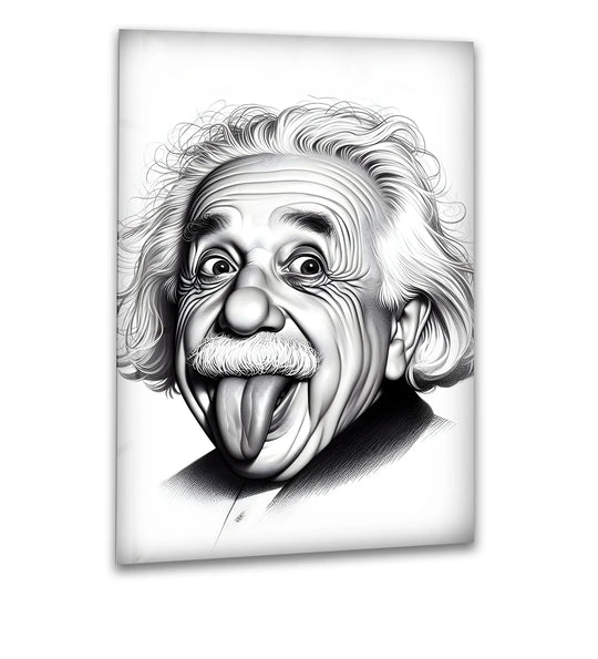 A playful yet genius tribute to Albert Einstein, captured in a striking black and white wall art.

