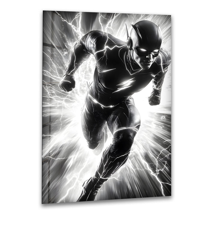 A dynamic black and white glass wall art of The Flash in motion, capturing the superhero’s speed and power.
