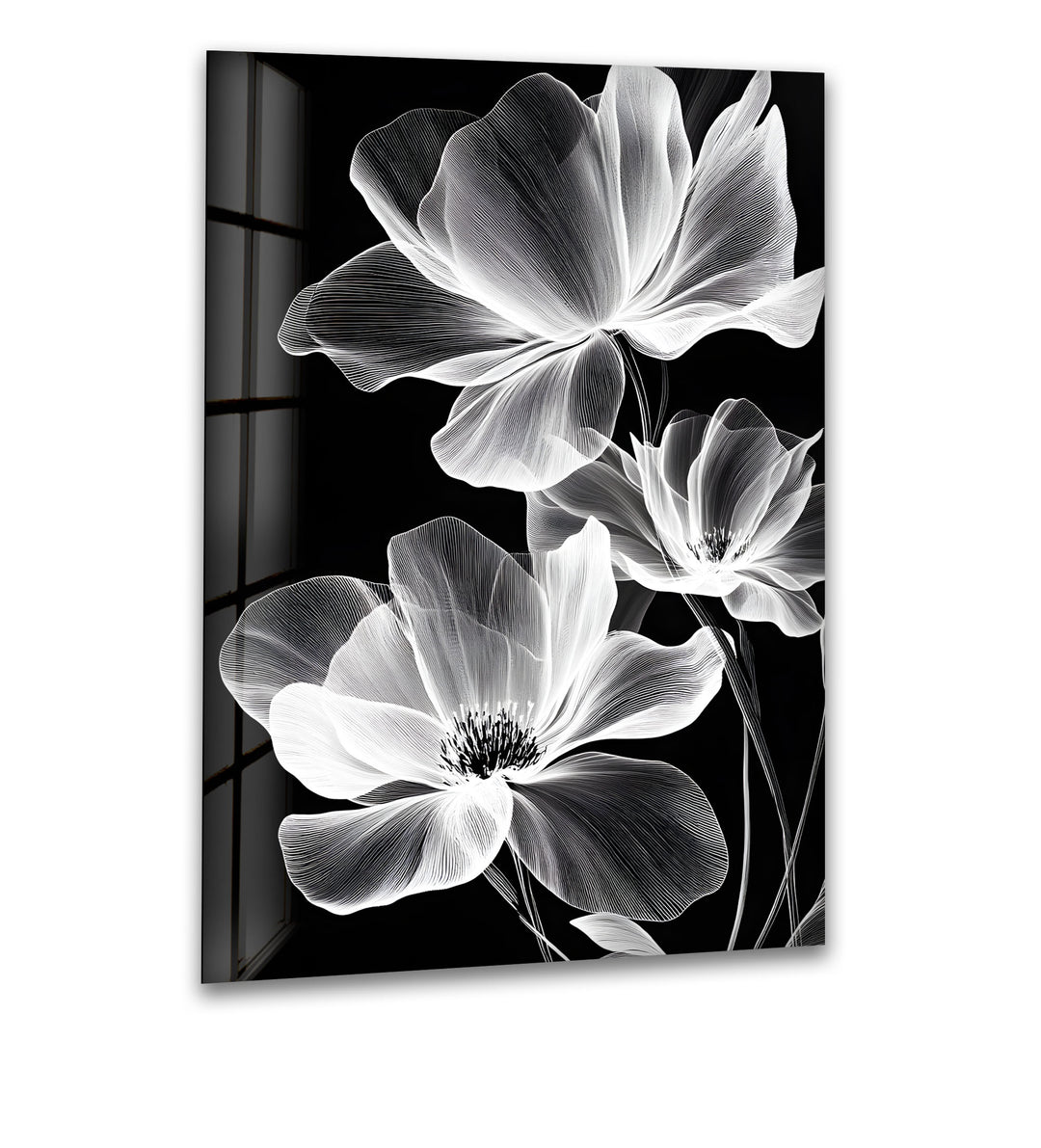 A stunning black and white glass wall art featuring glowing, delicate flowers with intricate details.