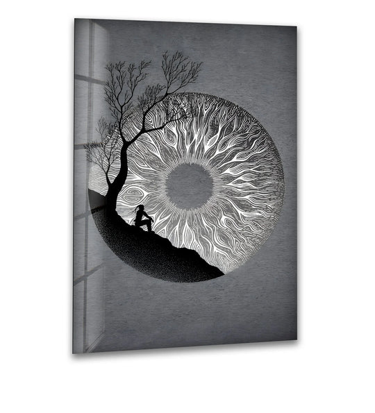 A mesmerizing black and white abstract art piece featuring a surreal eye, intricate tree, and contemplative silhouette.

