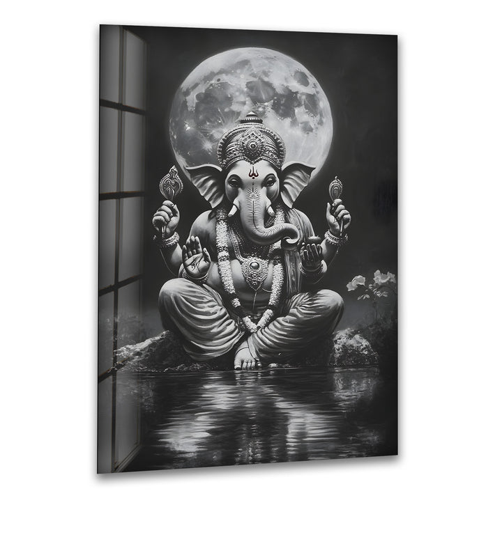 A mesmerizing black and white glass wall art featuring Lord Ganesha under the full moon.