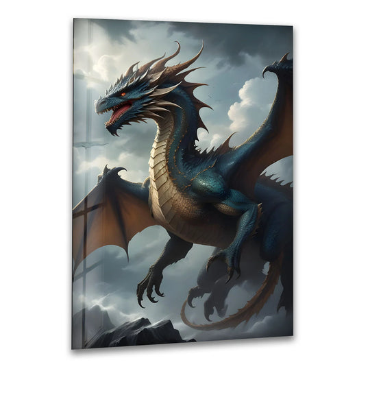 Majestic Blue Dragon: A Mythical Creature Soaring in the Sky on Glass Wall Art - MyPhotoStation