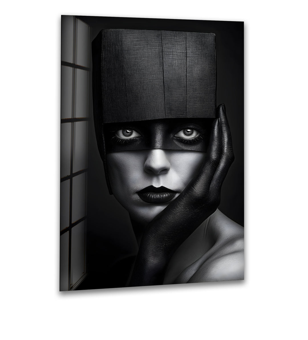 Abstract black-and-white portrait, a striking and bold design on glass.
