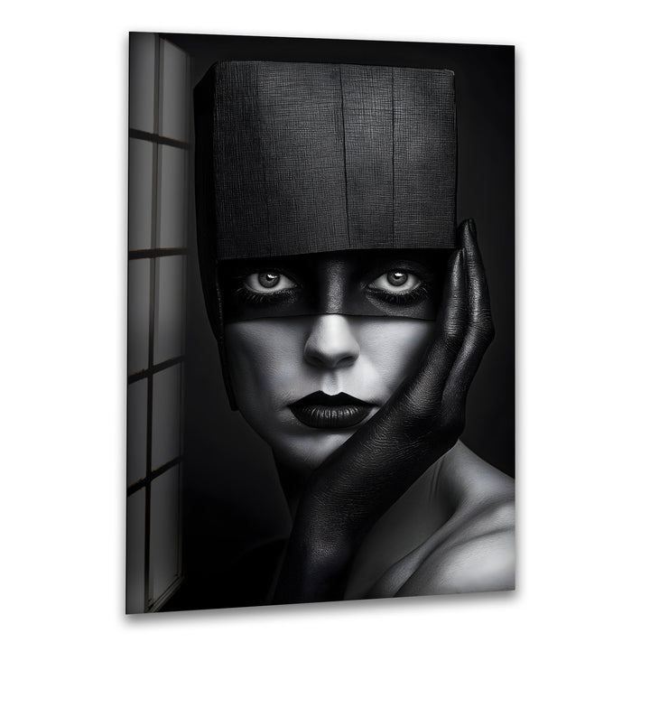 Abstract black-and-white portrait, a striking and bold design on glass.