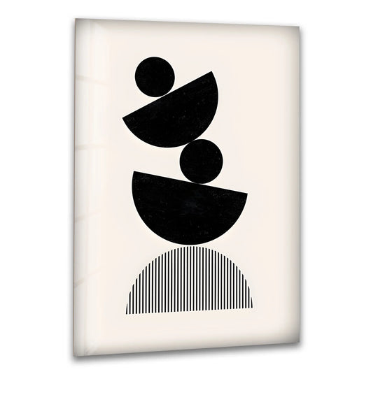 Geometric abstract black & white decorative wall art focusing on stacked semi-circles and a striped semi-circle.