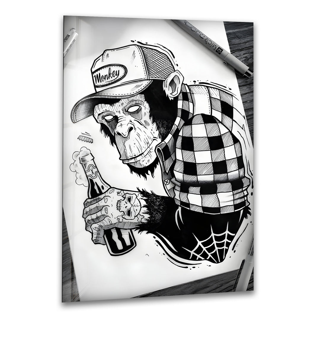 Tattooed Monkey Black and White Glass Wall Art for Urban Decor
