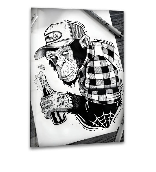 Tattooed monkey with a beer bottle and skull tattoo featured on unique modern wall decor.