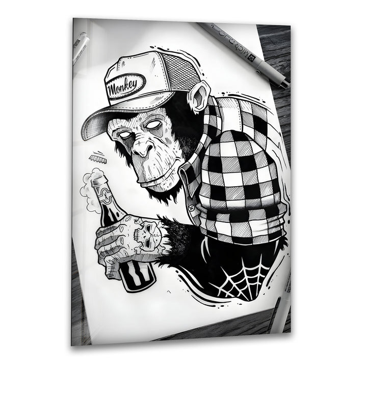 Tattooed Monkey Black and White Glass Wall Art for Urban Decor
