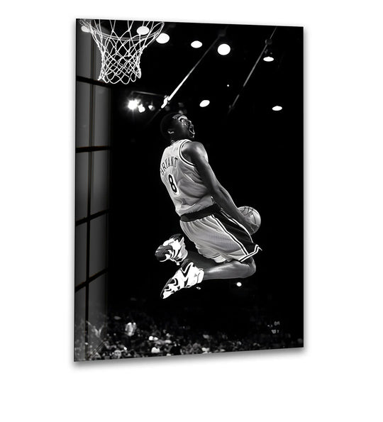This glass wall art shows Kobe Bryant dunking and is black and white art perfect for sports fans plus basketball art and legendary athlete decor