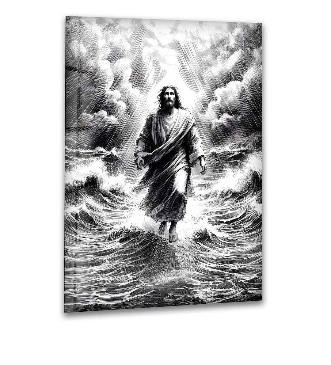 Jesus Walking on Water - Black and White Christian Glass Wall Art

