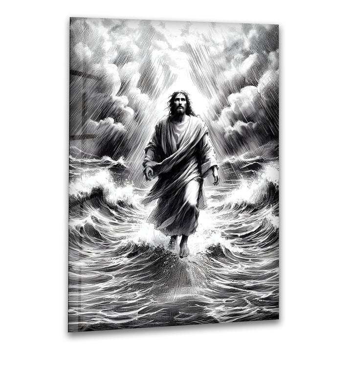 Jesus Walking on Water - Black and White Christian Glass Wall Art
