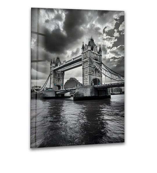City Prints glass wall art black and white Tower Bridge and London cityscape artwork for urban interiors