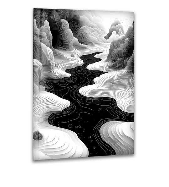 A monochromatic abstract landscape glass print showcases intricate, layered topography with a winding river, evoking a sense of profound depth and texture for home decor.