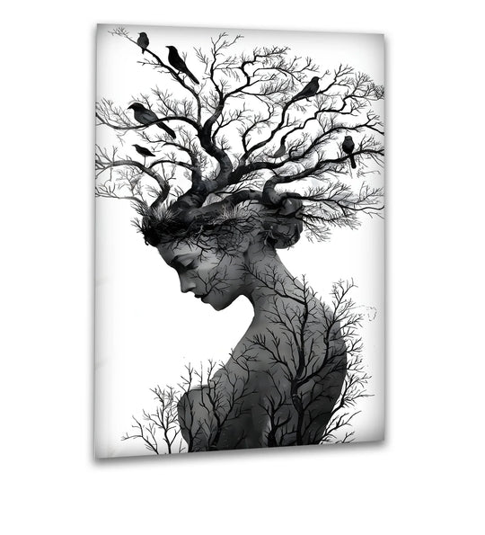 Cool Art of a black and white abstract woman with tree hair and birds wall art blends natures essence and abstract artwork in portrait orientation