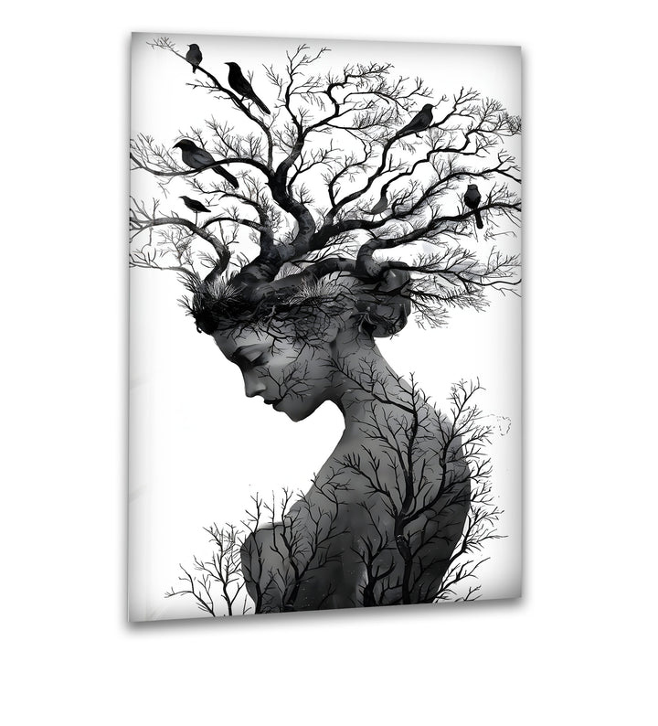 Nature’s Essence – Black & White Abstract Woman with Tree Hair Wall Art
