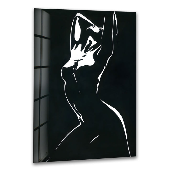 Abstract black and white woman silhouette on glass wall art, adding elegance to modern interiors.