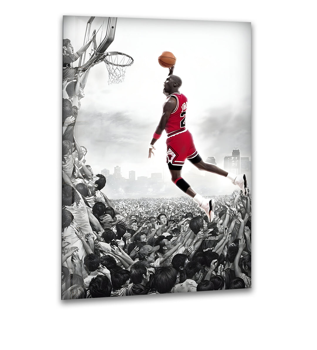Capture the legendary moment of Michael Jordan soaring for a dunk in this stunning glass wall art.