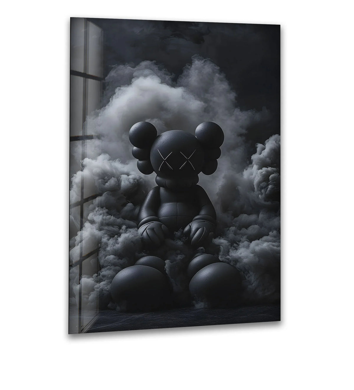 A vertical rectangular glass wall print showcases a seated black Kaws sculpture surrounded by dark, swirling smoke.