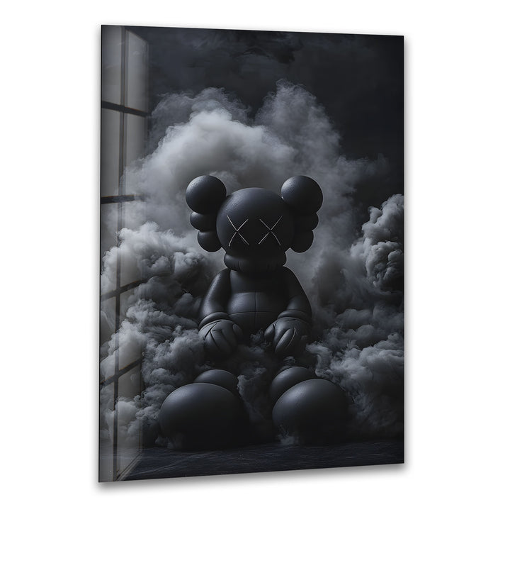 A striking black and white glass wall art featuring a KAWS-inspired sculpture surrounded by dramatic clouds.