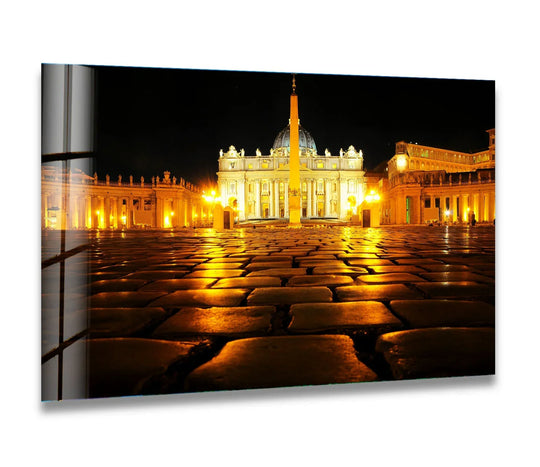 Reflections ripple across the cobblestones in this Vatican City St. Peter’s Square night view, capturing a sense of movement through high-definition glass printing.