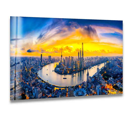 Ethereal sunset hues dominate the skyline in this Shanghai cityscape glass printing, where soft clouds give way to the angular lines of modern architecture.