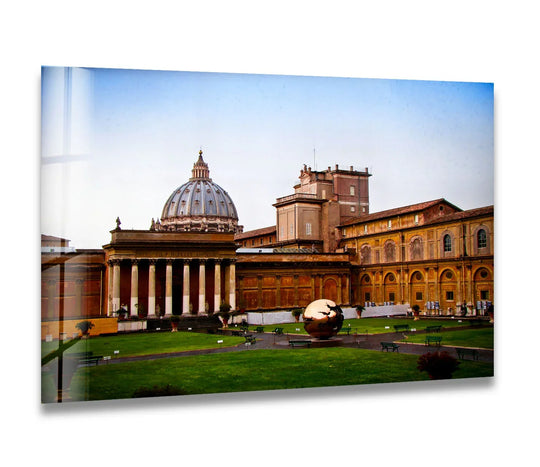 Brightest, sky-lit glass wall art shows Vatican Museums courtyard and St. Peter’s Dome, adding unique modern wall decor to your home.