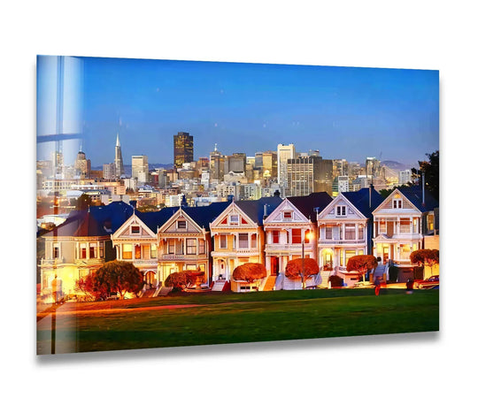 With cool color temperature highlighting the city skyline, this San Francisco glass wall art decor showcases the Painted Ladies' warm, inviting lights.