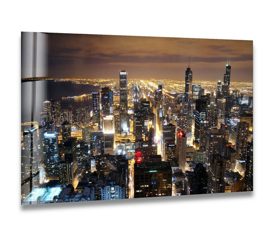 City Prints featuring a Chicago cityscape and night skyline modern decor a glass wall art with a glossy finish and a vibrant modern design