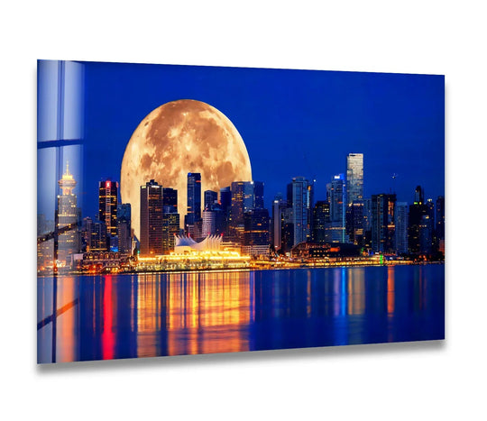 Alternating building heights and reflected lights in this Vancouver skyline art from glass create a captivating visual rhythm.