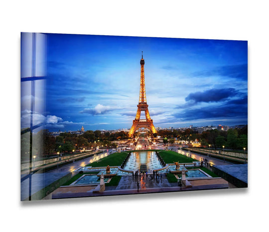 City Prints glass wall art Eiffel Tower and Paris Skyline Night Cityscape detail with elegant city decor