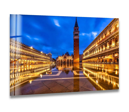 Illuminated reflections of St. Mark's Square become the loudest element in this Venetian Glow city print wall art, offering an exquisite view of Venice at twilight.